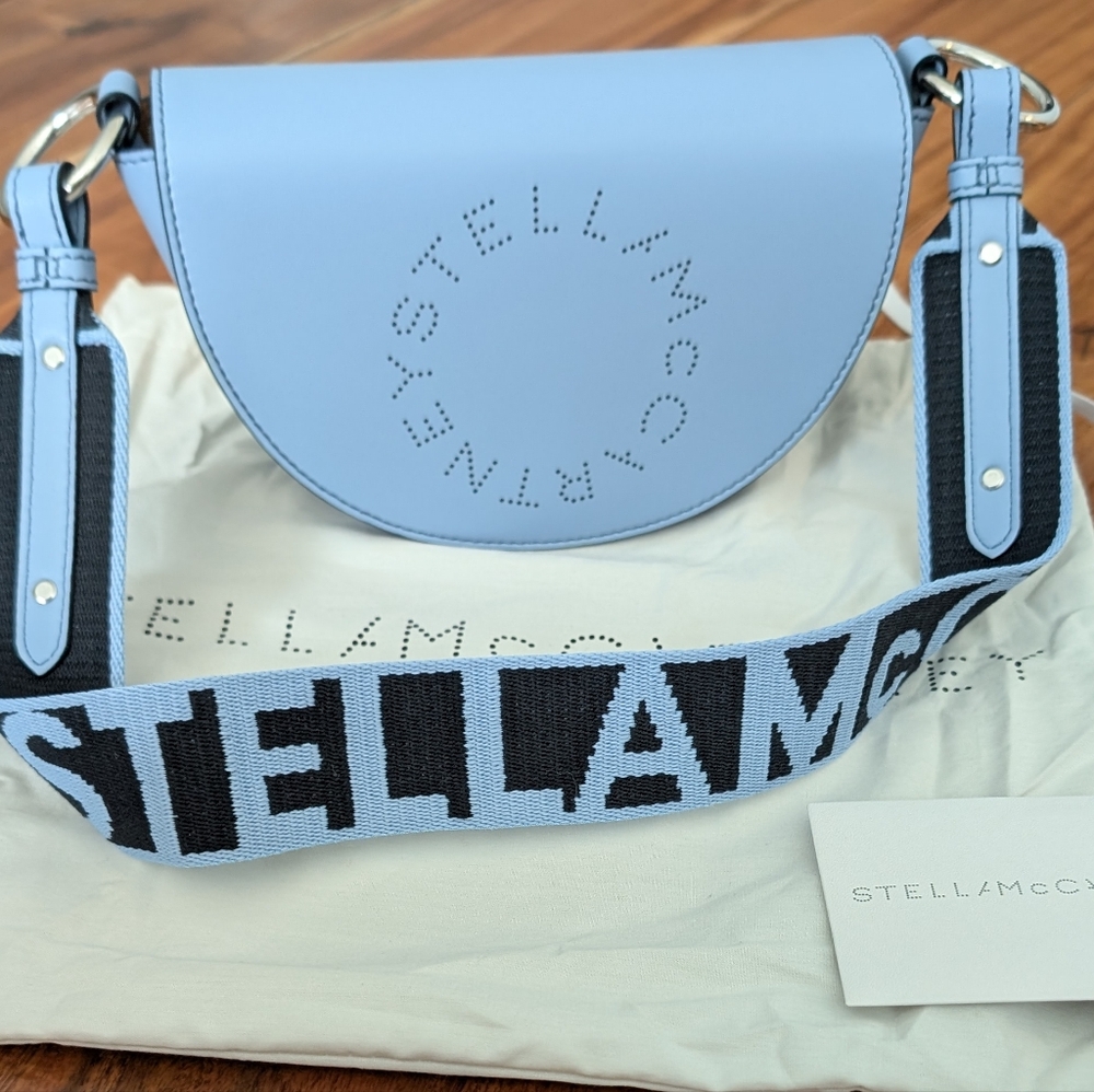 Stella Mccartney Linea Logo Saddle Sky Shoulder Bag Removable Strap Dust Bag Nwt